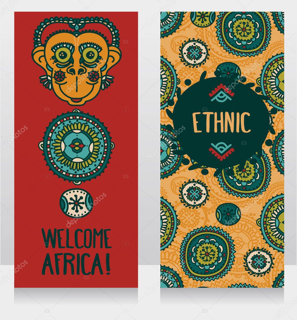 Banners for travel to Africa with ethnic style ornaments and monkey head, vector illustration