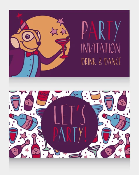 Invitation Fête Avec Cocktail Boire Mignon Singe Doodle Peut Être — Image vectorielle