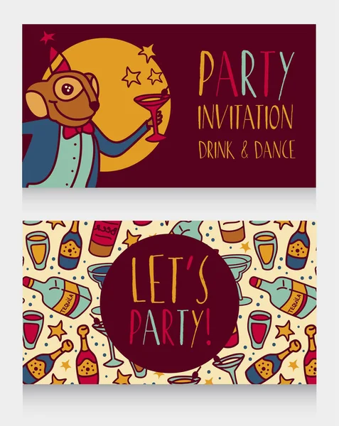 Invitación Fiesta Con Mono Lindo Del Doodle Que Bebe Cóctel — Archivo Imágenes Vectoriales