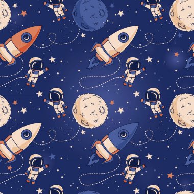 Sevimli doodle astronotlar, gezegenler, uzay gemileri ve yıldızlar, vektör illüstrasyon ile dikişsiz arka plan