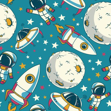 Sevimli doodle astronotlar, gezegenler, uzay gemileri ve yıldızlar, vektör illüstrasyon ile dikişsiz arka plan