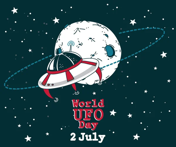 Manifesto Giornata Mondiale Ufo Con Doodle Pianeta Astronave Illustrazione Vettoriale — Vettoriale Stock