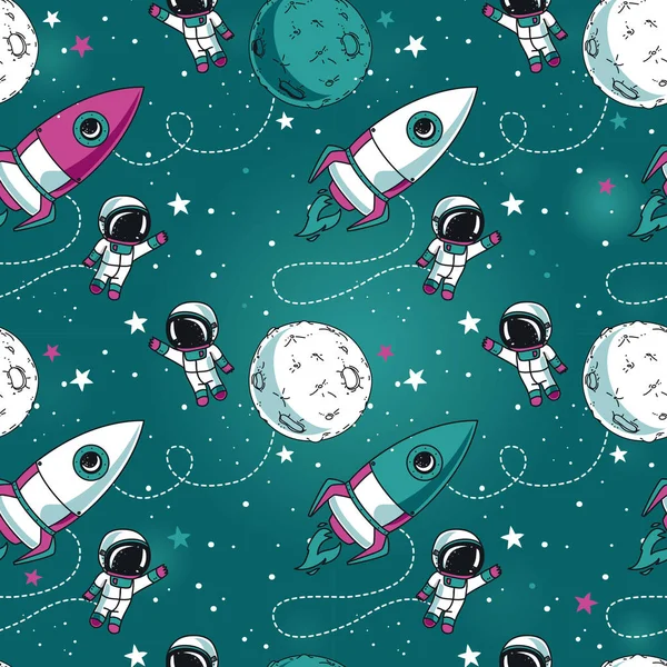 Nahtloser Hintergrund Mit Niedlichen Doodle Astronauten Planeten Raumschiffen Und Sternen — Stockvektor