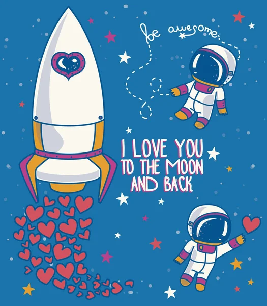 Cute Doodle Spaceship Astronauts Valentine Day Cosmic Vector Illustration — Stock Vector