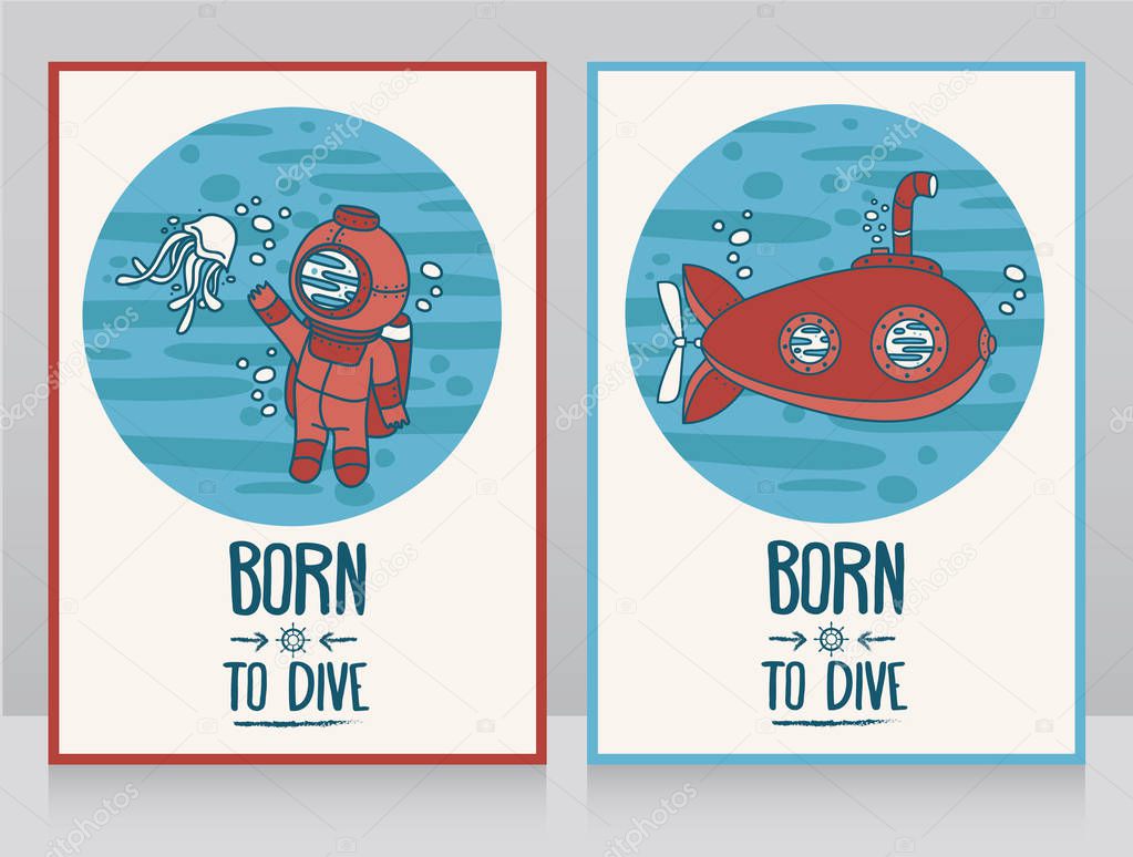 two banners for diving, cards with old fashioned submarine and diver, vector illustration