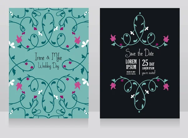 Deux Cartes Mariage Florales Design Pays Romantique Illustration Vectorielle — Image vectorielle