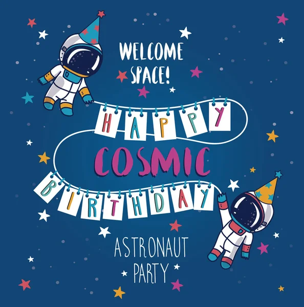 Två Små Astronauter Partyhatt Stjärnklar Bakgrund Rolig Gratulationskort För Kosmiska — Stock vektor