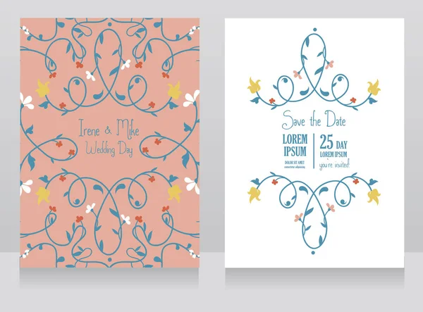 Deux Cartes Mariage Florales Design Pays Romantique Illustration Vectorielle — Image vectorielle