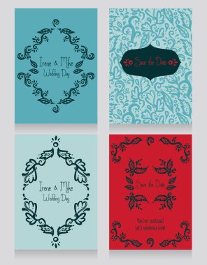 Dört güzel düğün davetiyeleri, vektör illüstrasyon