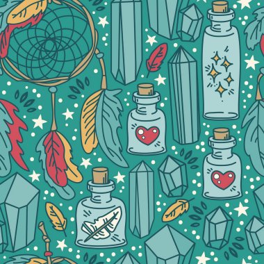 Rüya yakalayıcılar ve büyülü şişeler, boho büyülü süs, vektör illüstrasyon ile Dikişsiz desen