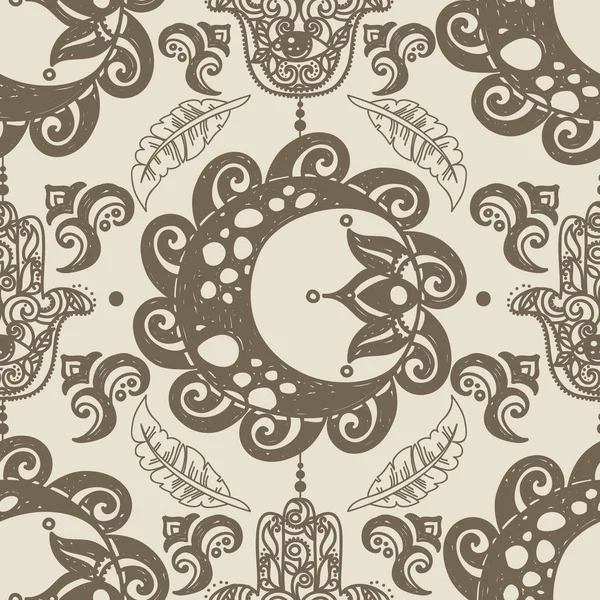 Abstract Seamless Pattern Sun Hamsa Symbols Boho Style Sketch Vector — Stock Vector