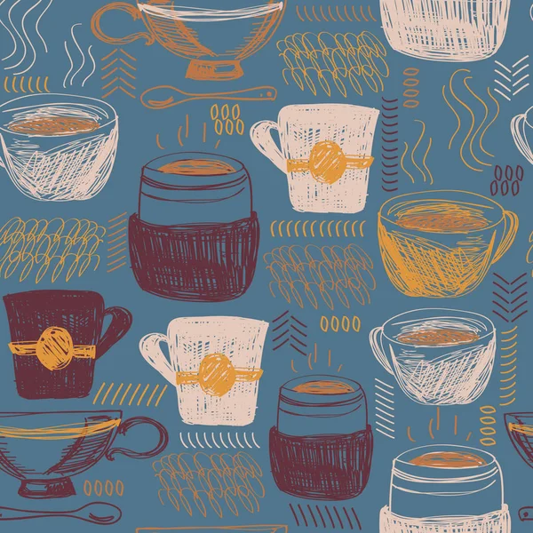 Sfondo Senza Soluzione Continuità Con Tazze Caffè Fiorisce Illustrazione Vettoriale — Vettoriale Stock