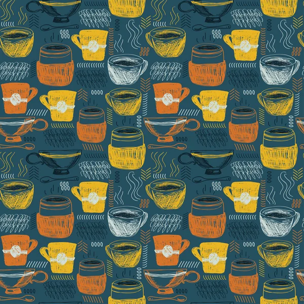 Fondo Sin Costuras Con Tazas Café Florece Ilustración Vectorial Estilo — Vector de stock