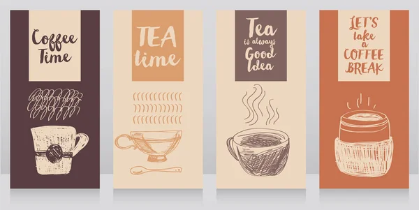 Quatro Cartões Com Xícaras Chá Café Ilustração Vetorial Estilo Esboço — Vetor de Stock