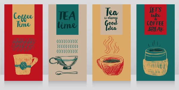 Quatro Cartões Com Xícaras Chá Café Ilustração Vetorial Estilo Esboço — Vetor de Stock