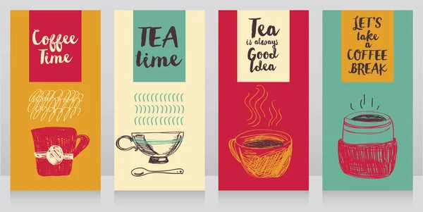 四张卡片 茶或咖啡杯 素描风格的矢量插图 — 图库矢量图片