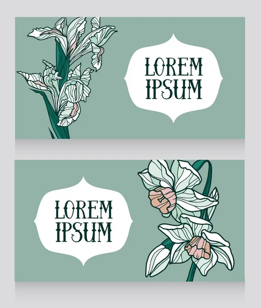 两个花卉卡与水仙花和虹膜花 矢量插图 — 图库矢量图片