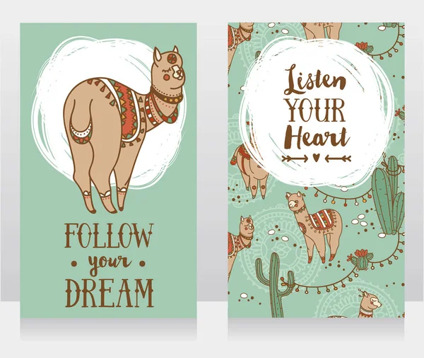 Dois Banners Para Sonho Viajar Com Doodle Alapacas Bonito Ilustração — Vetor de Stock