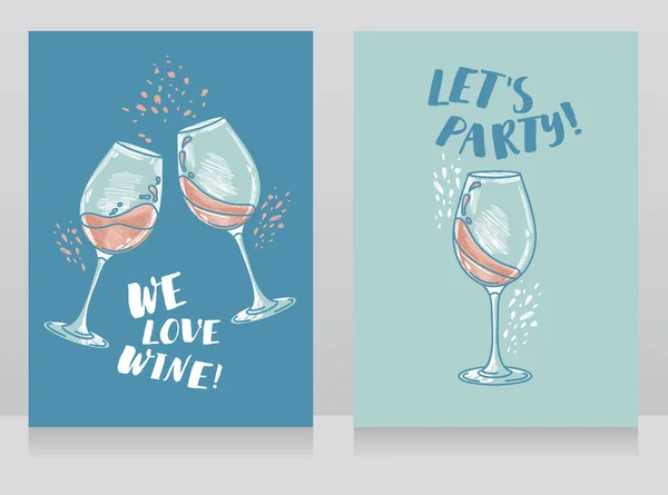 Due Manifesti Festa Del Vino Con Bicchieri Vino Stile Schizzo — Vettoriale Stock