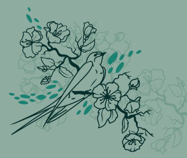 Çiçek açan ağaç dalları ve kırlangıç, çizim stili vektör illüstrasyonlu poster