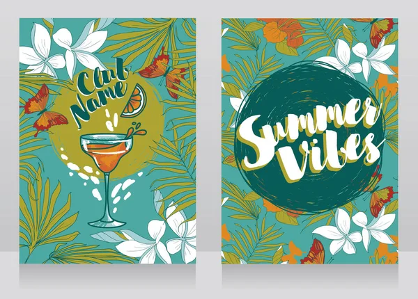 夏季鸡尾酒会的两条横幅 热带风格的邀请函 矢量插图 — 图库矢量图片