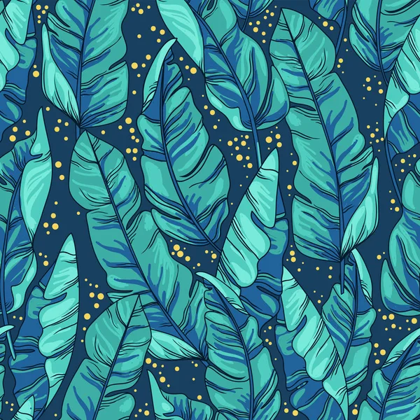 夜の熱帯の葉とシームレスなパターン ベクトルイラスト — ストックベクタ