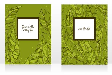 Tropikal tasarım, palmiye yaprakları ve minimalist dekorasyon, kroki tarzı vektör illüstrasyon ile iki düğün kartları