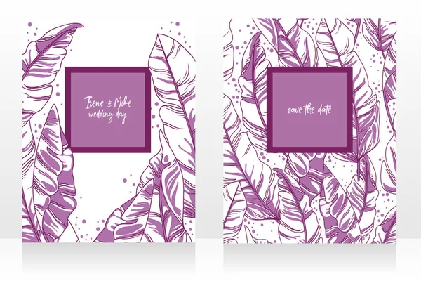 Zwei Hochzeitskarten Mit Tropischem Design Palmenblättern Und Minimalistischer Dekoration Skizzenhafte — Stockvektor