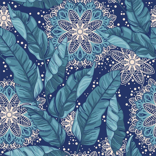 Naadloze Patroon Met Tropische Bladeren Mandala Ornamenten Vector Illustratie — Stockvector