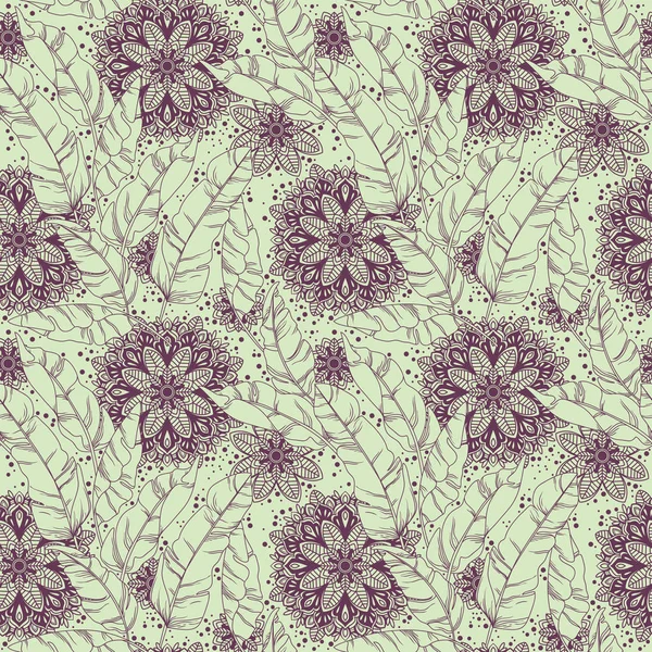 Motif Sans Couture Avec Feuilles Tropicales Ornements Mandala Noir Blanc — Image vectorielle