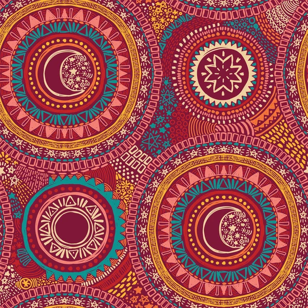 Doodle Naadloze Patroon Met Kleurrijke Mandala Sterren Manen Schets Stijl — Stockvector