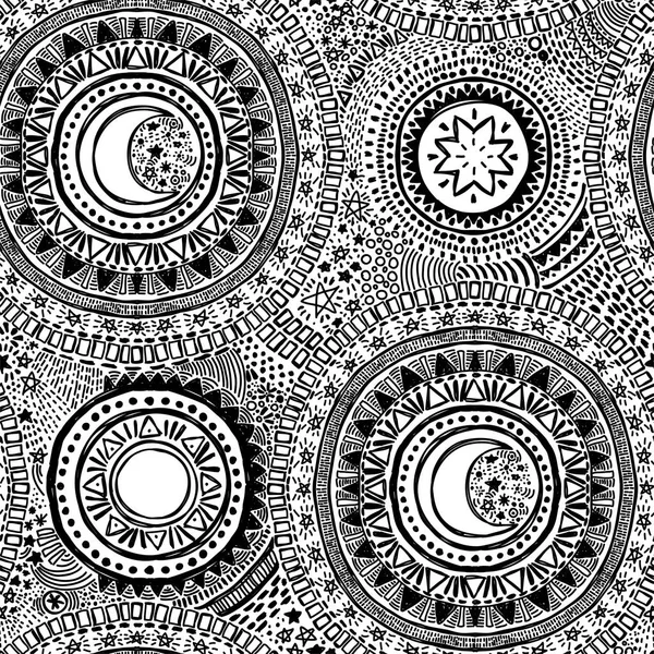 Doodle Sömlösa Mönster Med Mandala Ornament Stjärnor Och Månar Skiss — Stock vektor