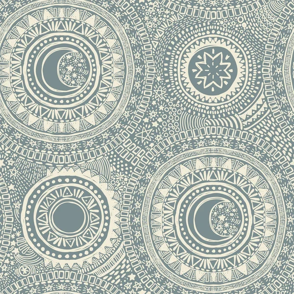Doodle Seamless Pattern Mandala Ornament Stars Moons Sketch Style Vector — Stock Vector