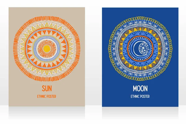 Dwie Karty Cygańskim Stylem Symbolami Słońca Księżyca Ilustracja Wektorowa Stylu — Wektor stockowy