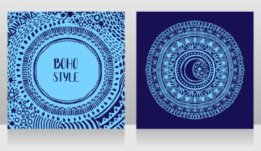 Çingene tarzı ay sembolü ve boho tarzı çerçeve, mavi renkler, kroki tarzı vektör illüstrasyon ile iki kart