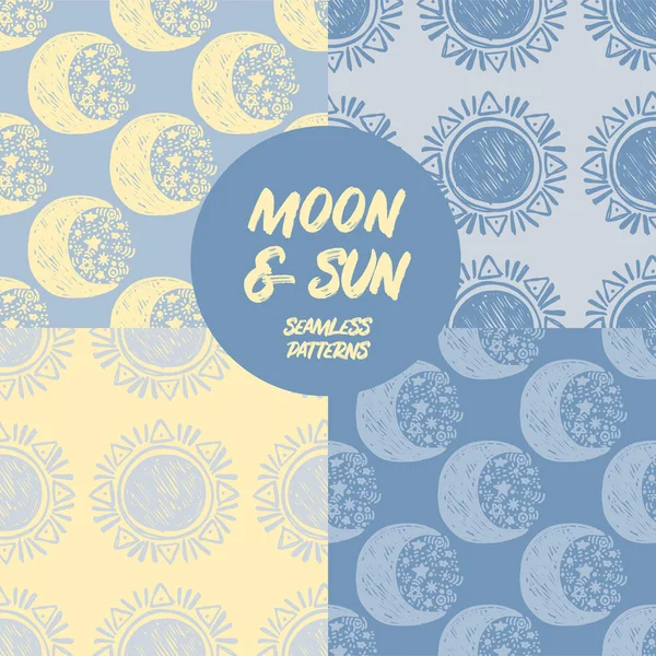 Uppsättning Sömlösa Mönster Med Doodle Moon Och Sun Skiss Stil — Stock vektor