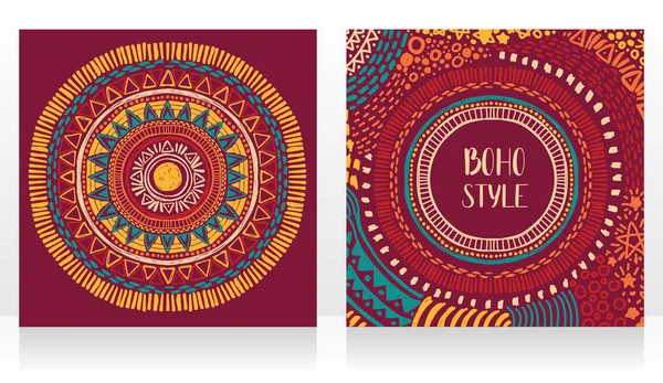 Zwei Karten Mit Sonnensymbol Zigeunerstil Und Rahmen Boho Stil Vektorillustration — Stockvektor