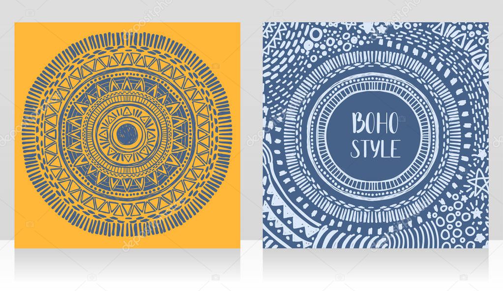 Two cards with gypsy style sun symbol and boho style frame, sketch style vector illustration