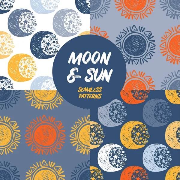 Набір Безшовних Візерунків Каракулем Місяць Сонце Стиль Ескізу Векторні Ілюстрації — стоковий вектор