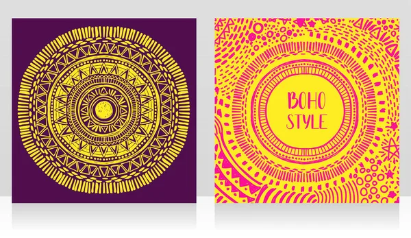 Zwei Karten Mit Sonnensymbol Zigeunerstil Und Rahmen Boho Stil Vektorillustration — Stockvektor