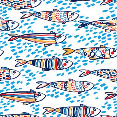 Suda sevimli doodle sardalye ile Dikişsiz desen, kroki tarzı vektör illüstrasyon