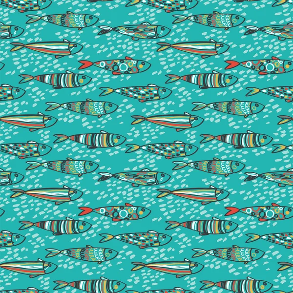 Patrón Sin Costuras Con Sardinas Garabato Lindo Agua Ilustración Vectorial — Vector de stock