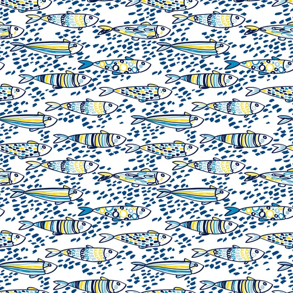 无缝模式与可爱的涂鸦沙丁鱼在水中 素描风格矢量插图 — 图库矢量图片