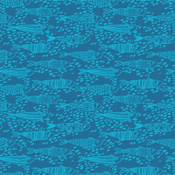 无缝模式与可爱的涂鸦沙丁鱼在水中 素描风格矢量插图 — 图库矢量图片
