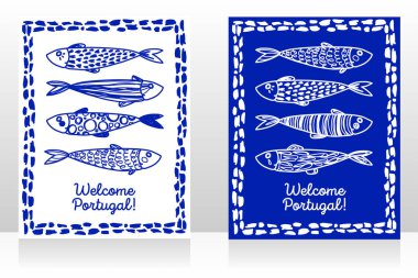 Sevimli Doodle sardalya ile hoş geldiniz Portekiz için iki turistik afiş, kroki tarzı vektör illüstrasyon