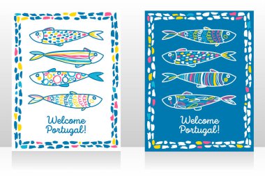 Sevimli Doodle sardalya ile hoş geldiniz Portekiz için iki turistik kartlar, kroki tarzı vektör illüstrasyon
