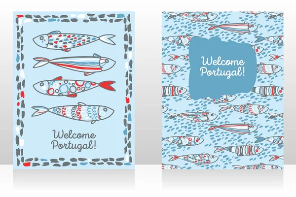 Two touristic cards for welcome Portugal with cute doodle sardines, sketch style vector illustration