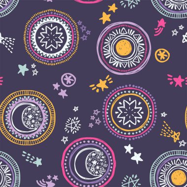 Doodle güneş, yıldız ve ay, Boho tarzı vektör illüstrasyon ile Dikişsiz desen
