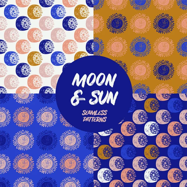 Set Seamless Patterns Doodle Moons Suns Sketch Style Vector Illustration — Stock Vector