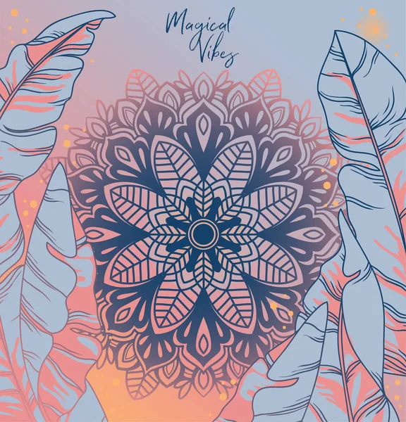 Banner Con Foglie Tropicali Ornamento Mandala Poster Vibrazioni Magiche Illustrazione — Vettoriale Stock